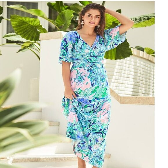Lilly Pulitzer Parigi Maxi Dress medium Party Thyme Blue Pink - Picture 1 of 7